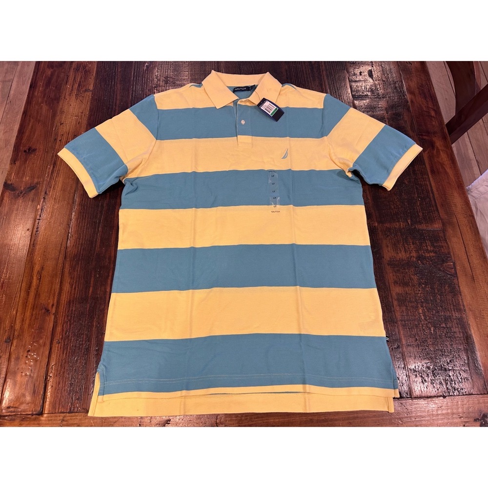 Nautica Mens Large Tall LT Striped Polo Shirt Yellow Teal Blue Short Sleeve NEW